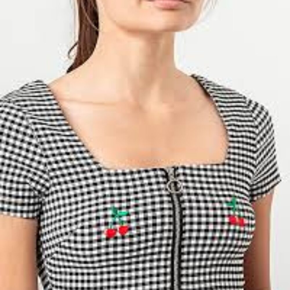 SHEIN Black & White Gingham Check Crop Top with Cherry Accents Front Zip size 0X